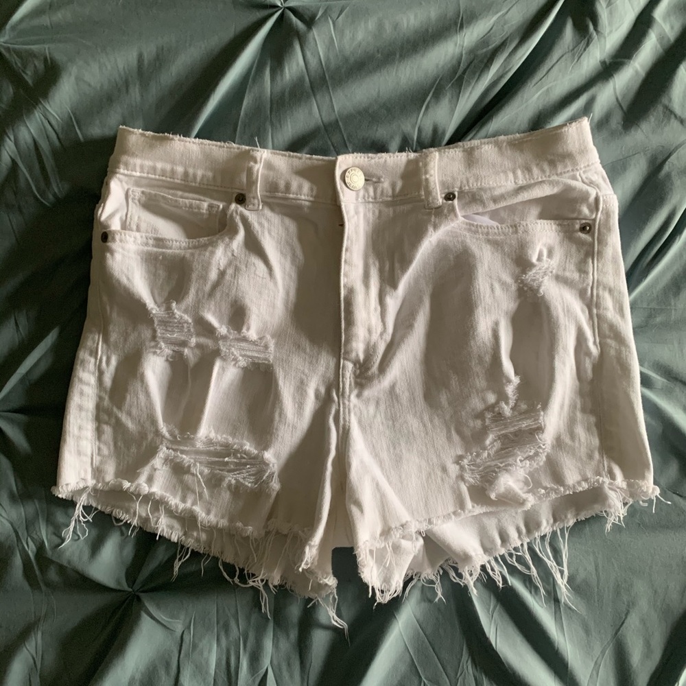Express high waisted, destroyed white jean shorts
